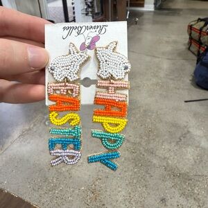 Beaded 'HAPPY EASTER' Drop Earrings with White Bunny Studs